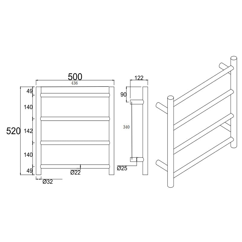 Brushed Nickel Round Heated Towel Rack 4 Bars