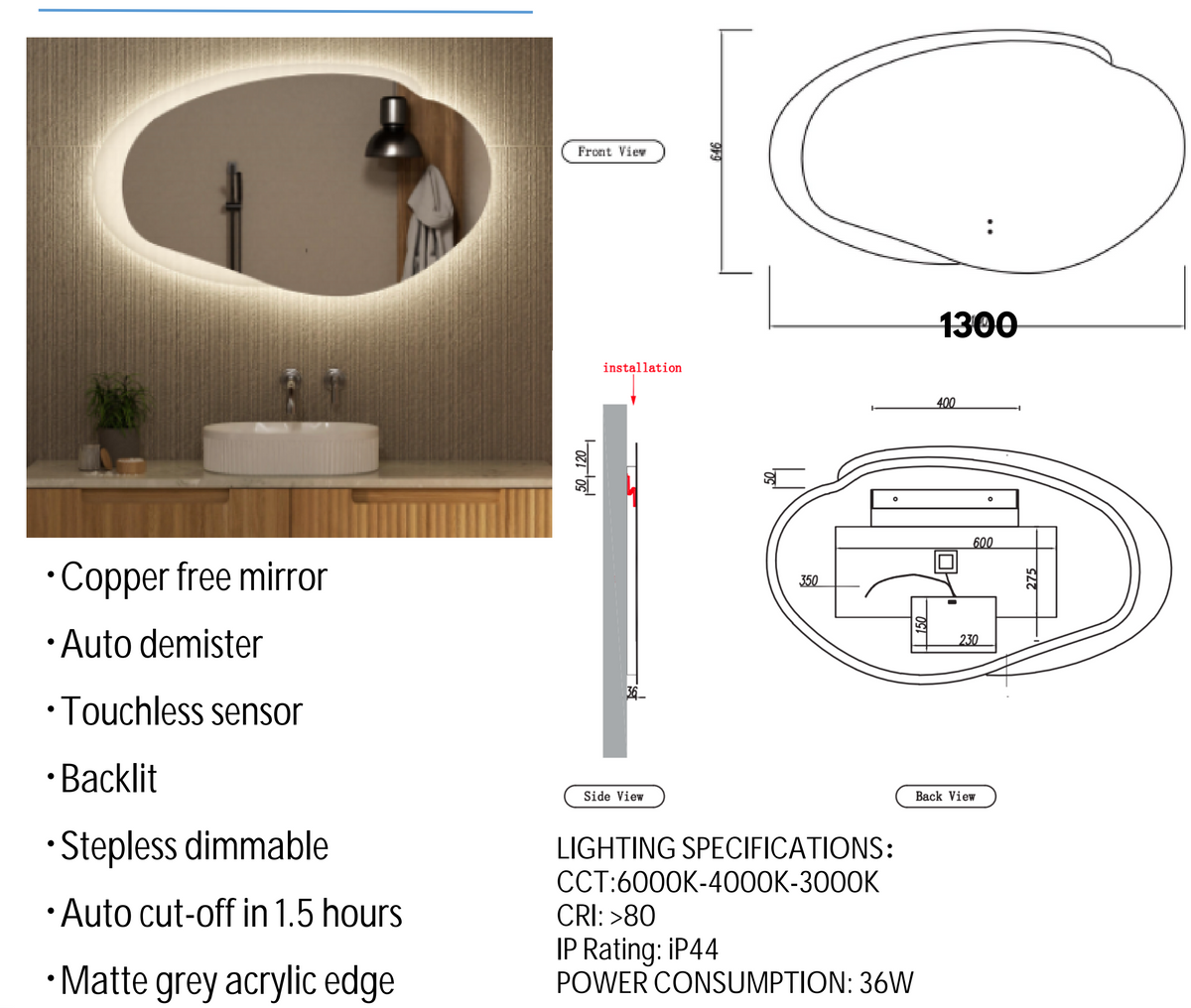 Evanston 1300mm Frameless With Frosted Frame Back Lit LED Mirror