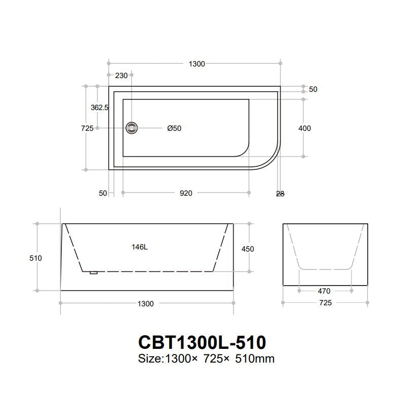 Casey 1300mm Left Corner Fit 510mm high Freestanding Bath