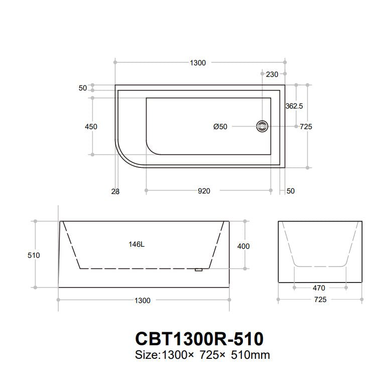 Casey 1300mm Right Corner Fit 510mm High Freestanding Bath