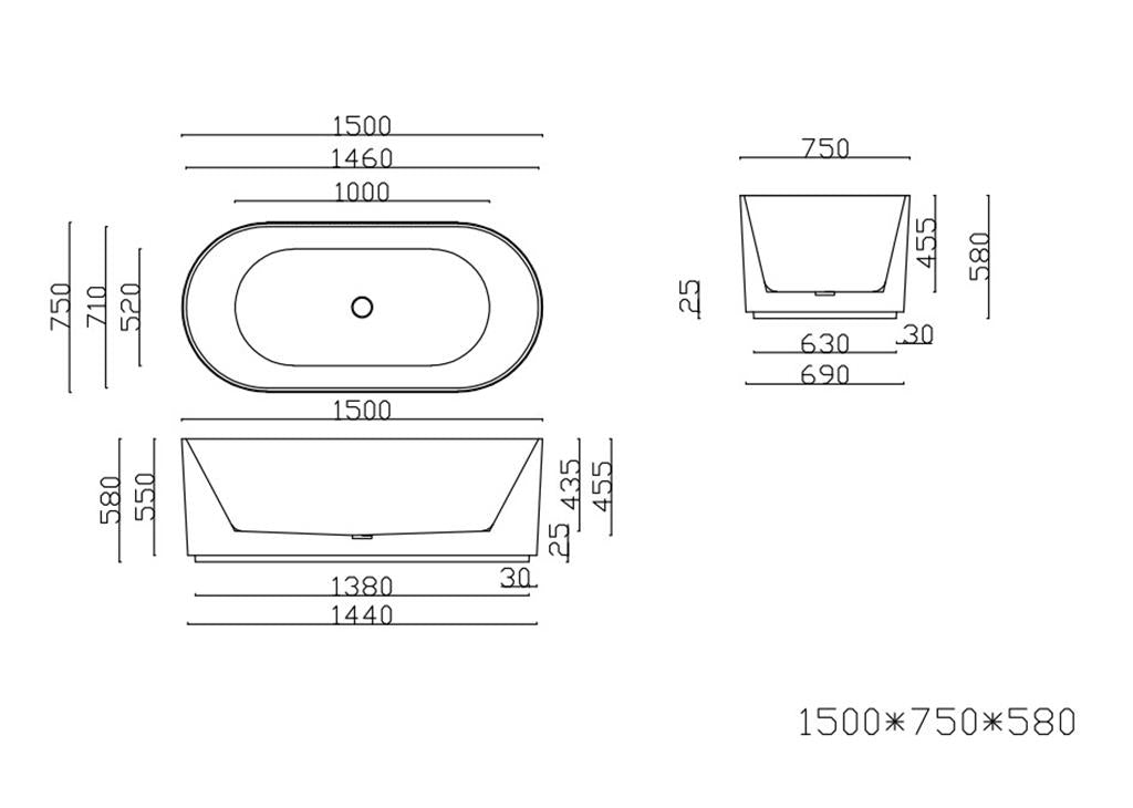Ally Groove 1500mm Matte White Freestanding Bath