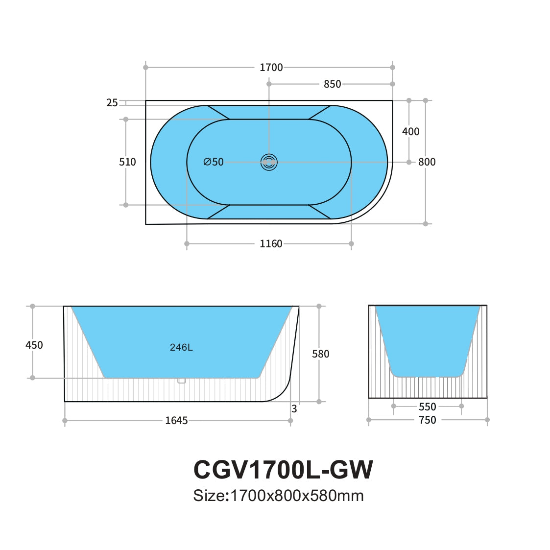 Capri 1700mm Fluted Oval Freestanding Left Corner Bath Matte Black