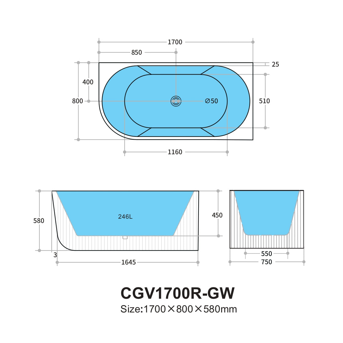 Capri 1700mm Fluted Oval Freestanding Right Corner Bath Matt White