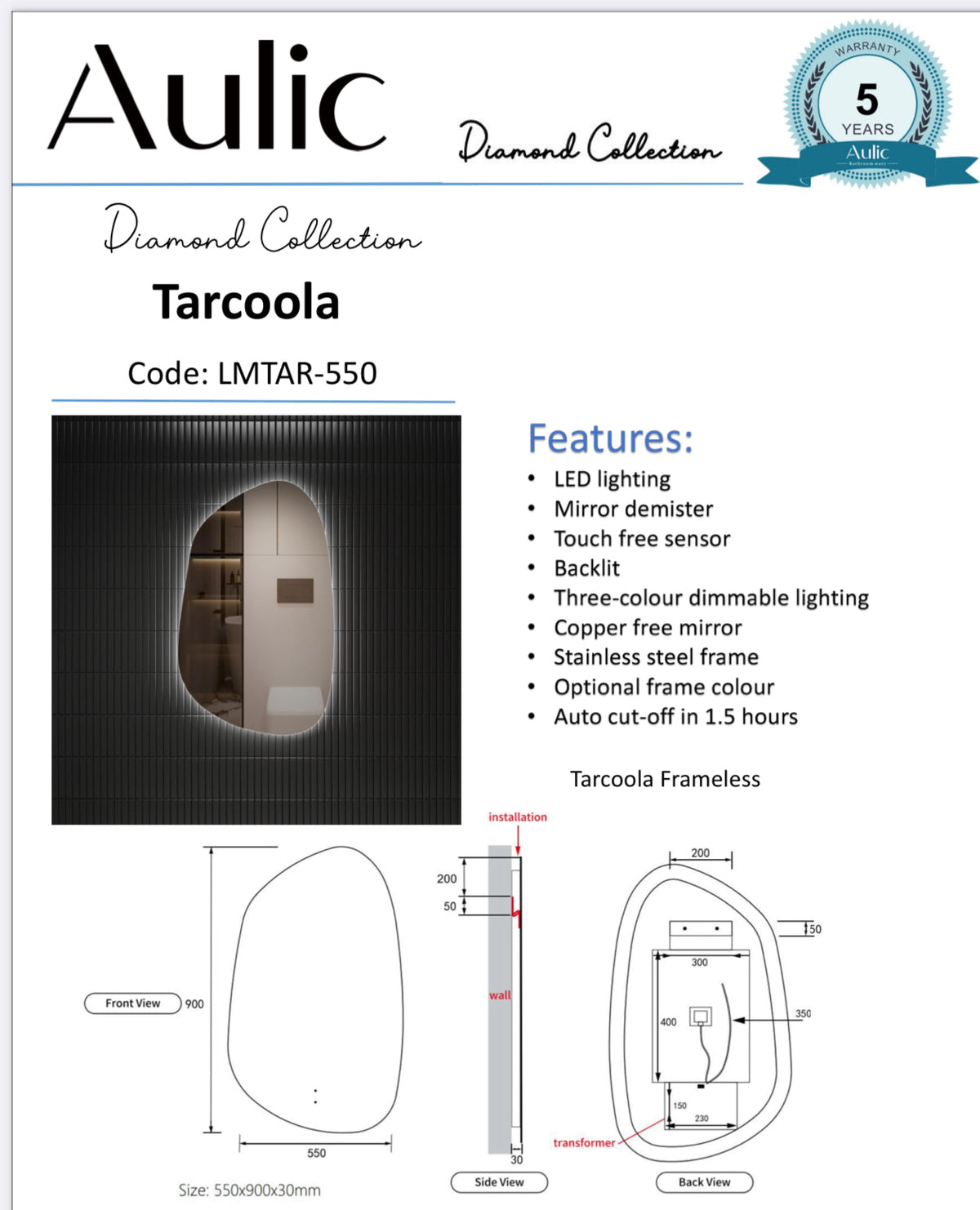 Tarcoola Frameless Back Lit LED Mirror