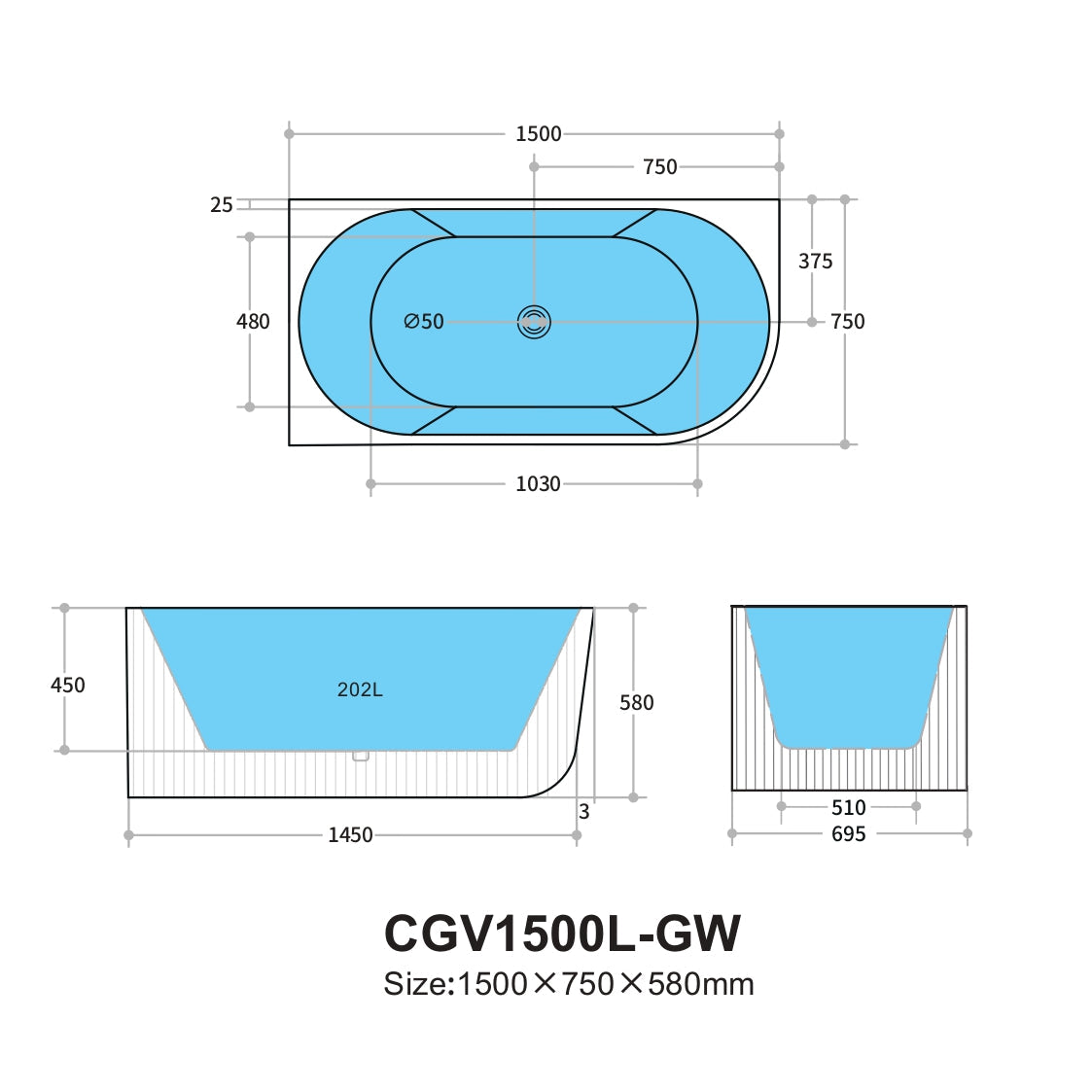 Capri 1500mm Fluted Oval Freestanding Left Corner Bath Matt Black