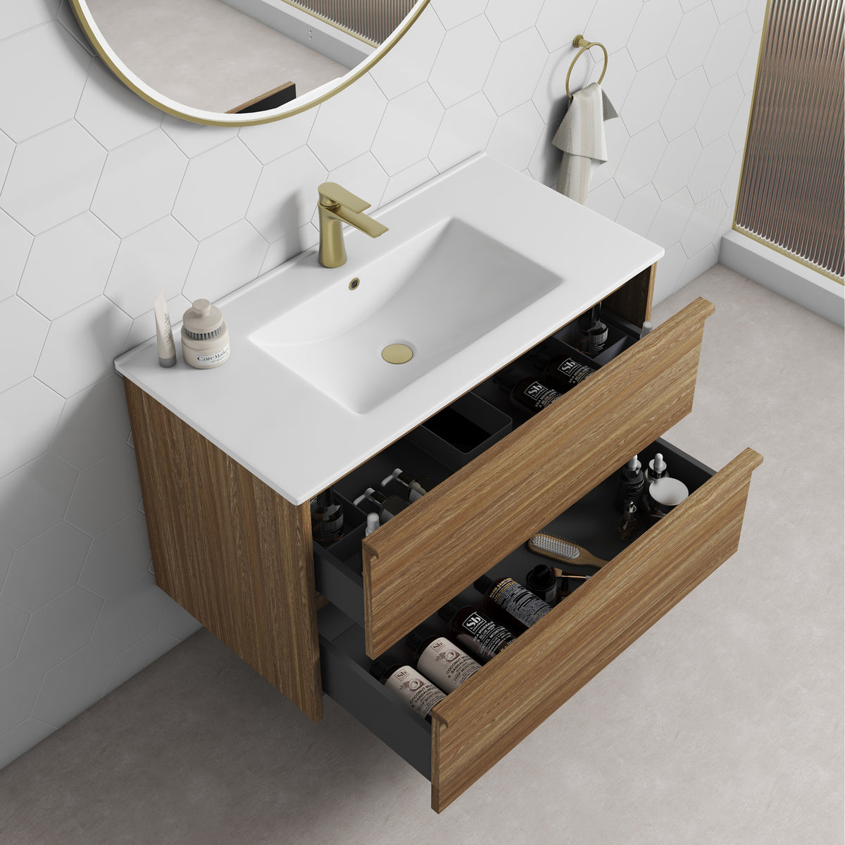 Aulic | 750mm Venetta Framed Wall Hung Vanity Harvest Oak