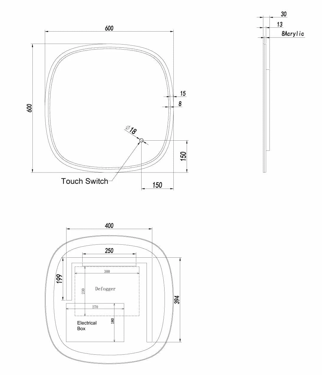 Rounded Edge 600x600mm Acrylic Front & Back lit LED mirror
