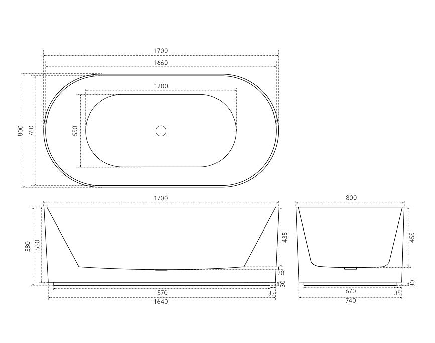 Ally Groove 1700mm Matte White  Freestanding Bathtub
