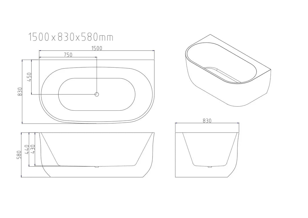 1500mm / 1700mm Anna Back to Wall Bathtub – Gloss White