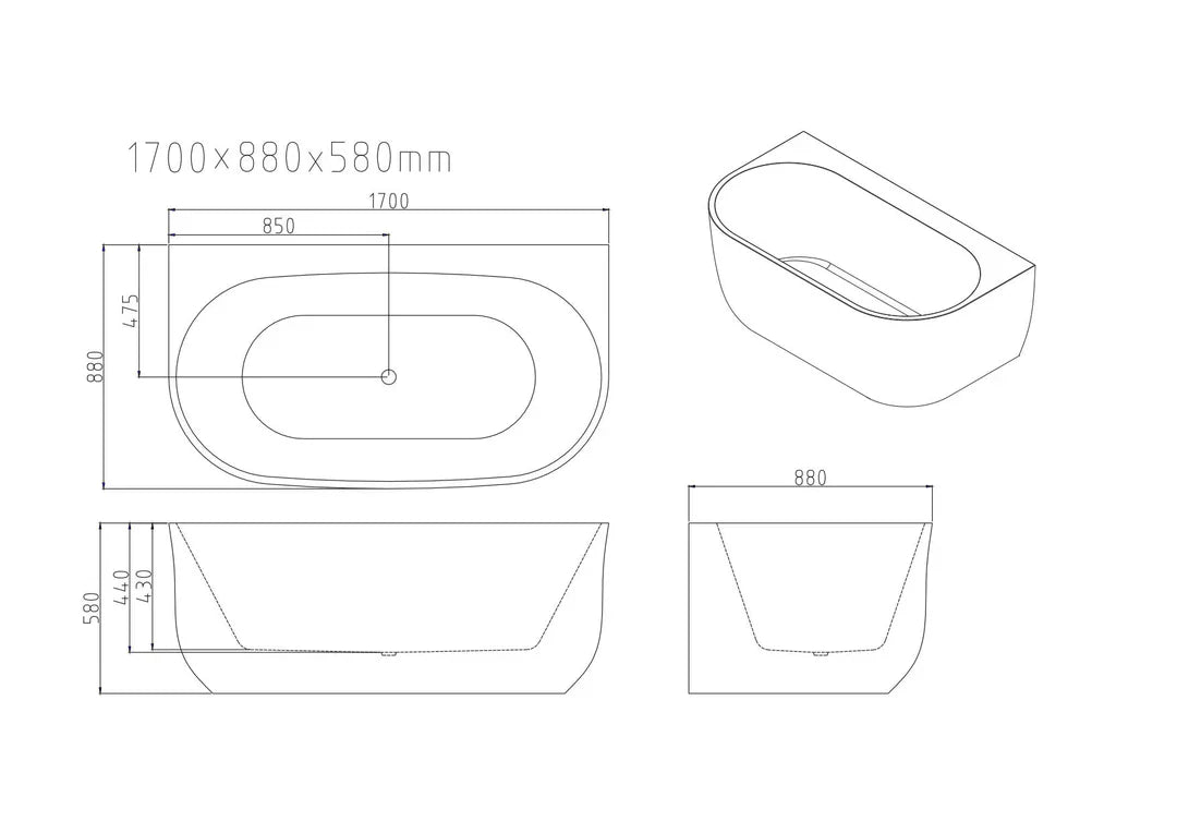 1500mm / 1700mm Anna Back to Wall Bathtub – Gloss White