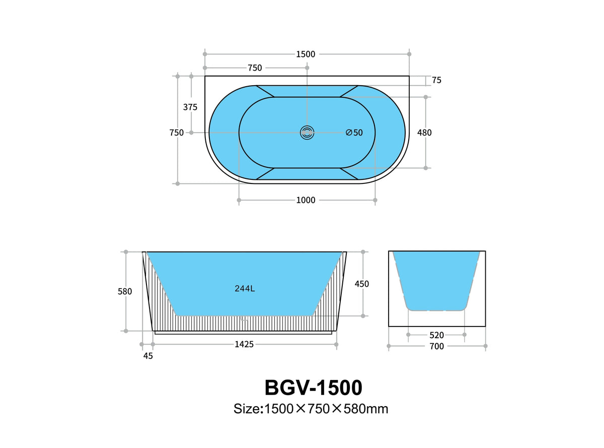 Bari Groove 1500mm Fluted Oval Freestanding Back to Wall Bath Gloss White Finish