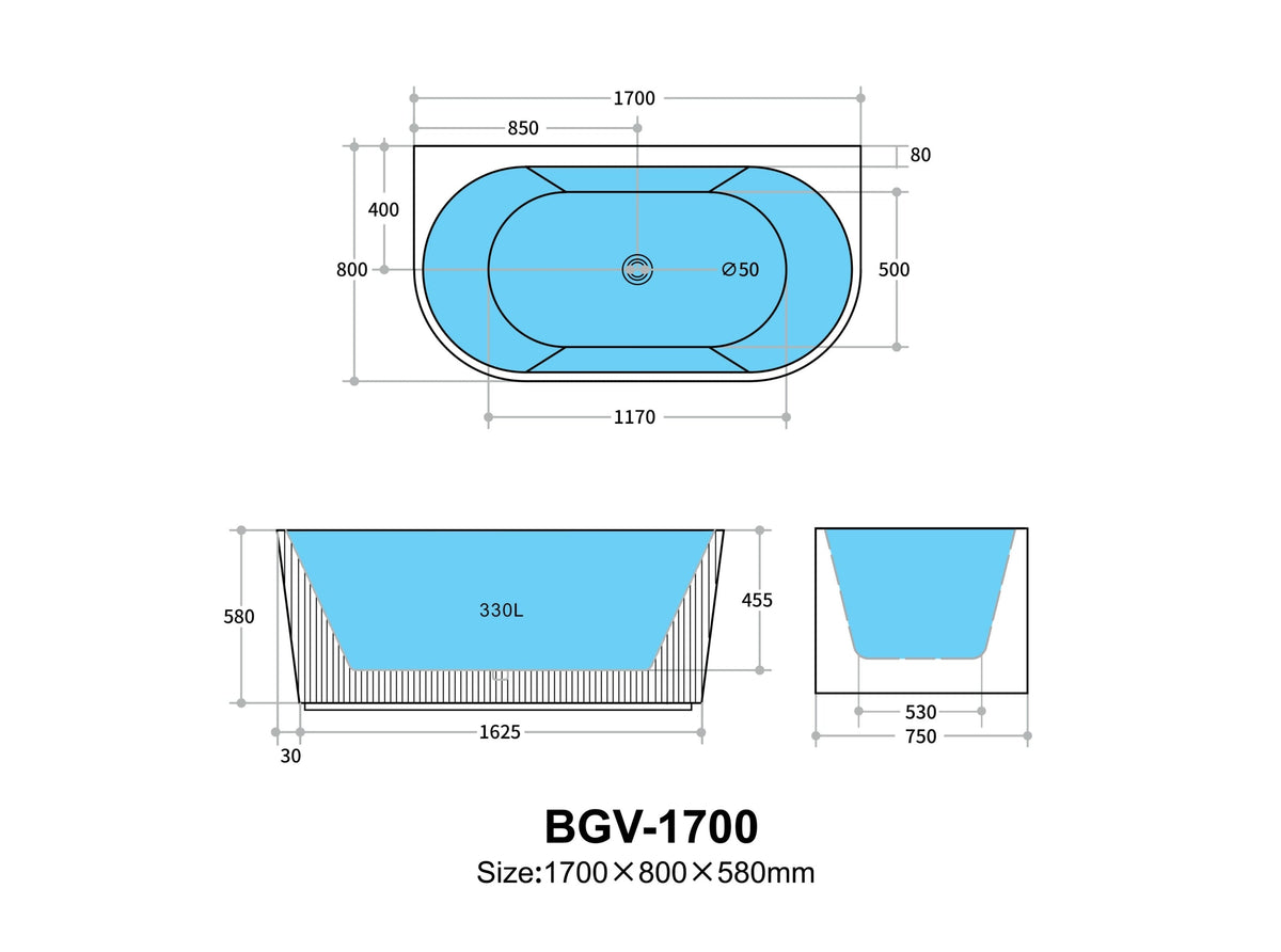 Bari Groove 1700mm Fluted Oval Freestanding Back to Wall Bath Gloss White Finish
