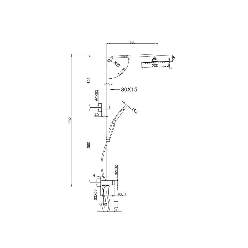 Piazza Square shower rail set 2 in 1 Double hose | Chrome