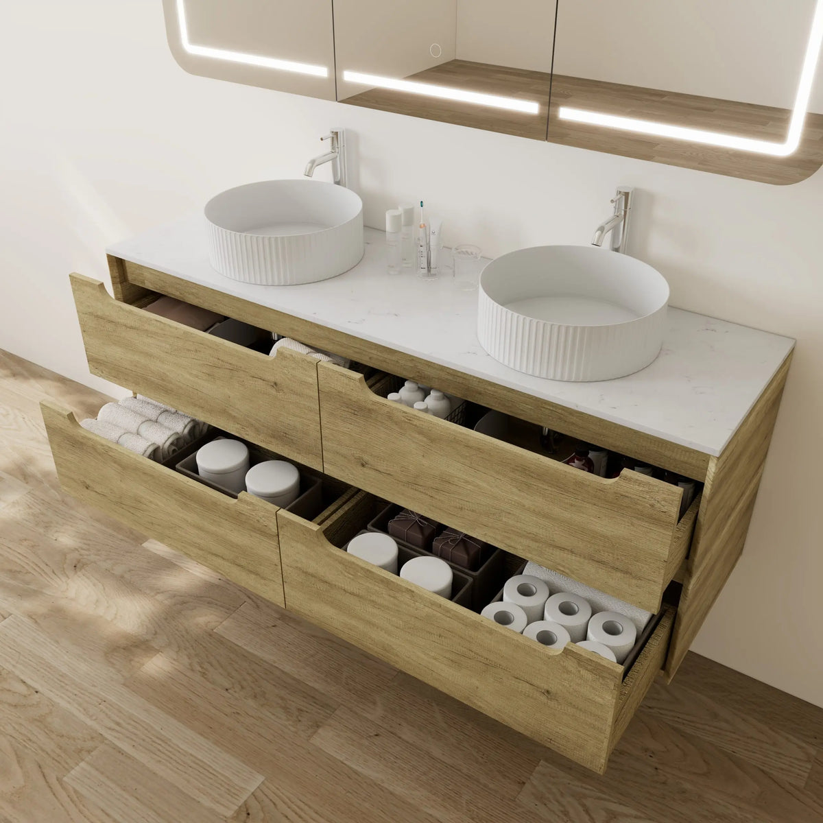 Brooklyn 1500mm Ashwood Oak Double Bowl Wall Hung Vanity