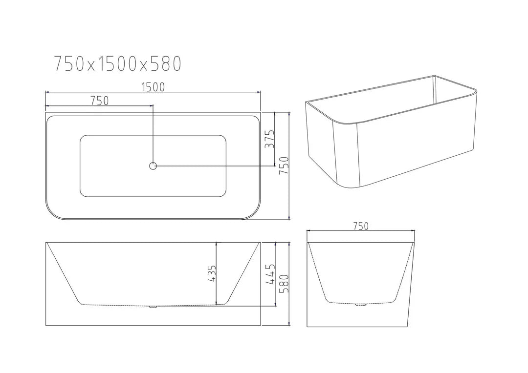 Bullion 1500mm Ultra Thin Back to Wall Bathtub - Gloss White