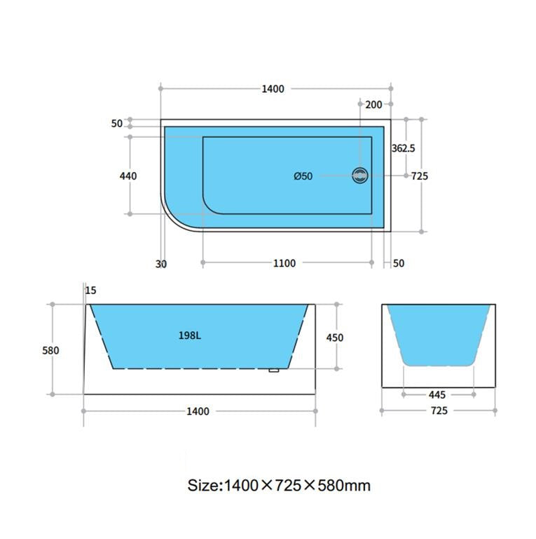 Casey 1400mm Right Corner Fit Freestanding Bath Tub