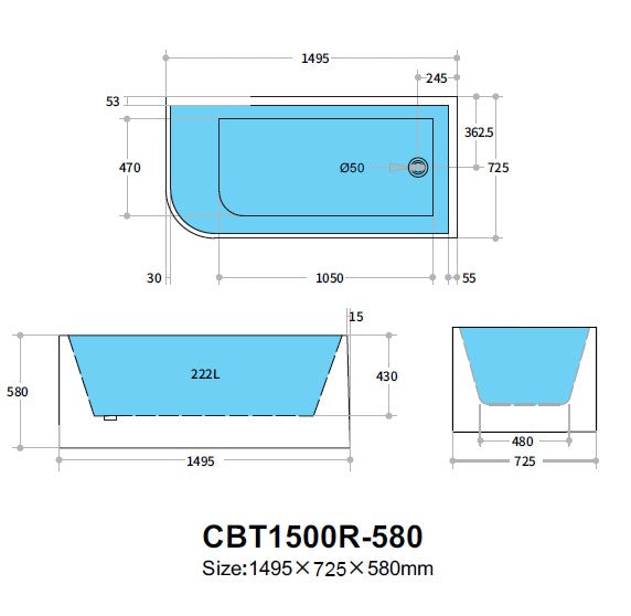 Casey 1500mm Right Corner Fit Matte White Freestanding Bath Tub