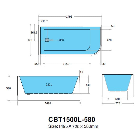 Casey 1500mm Left Corner Fit Matte White Freestanding Bath Tub