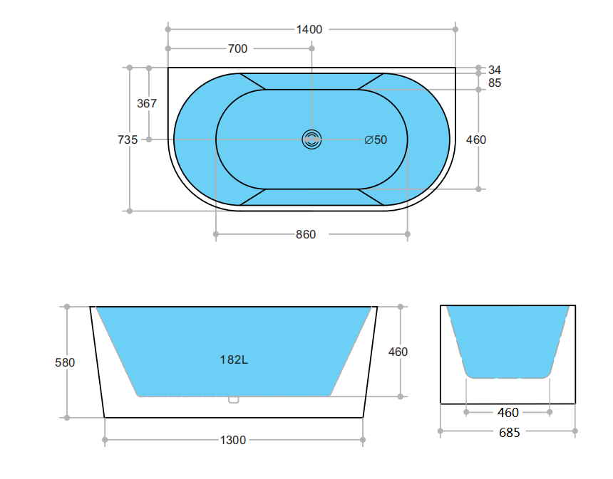 Elivia 1400mm Back to Wall Matte White Bathtub