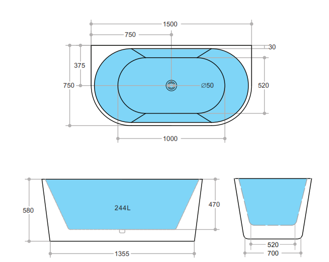Elivia 1500mm Back to Wall Matte White Bathtub