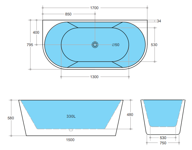 Elivia 1700mm Back to Wall Matte White Bathtub