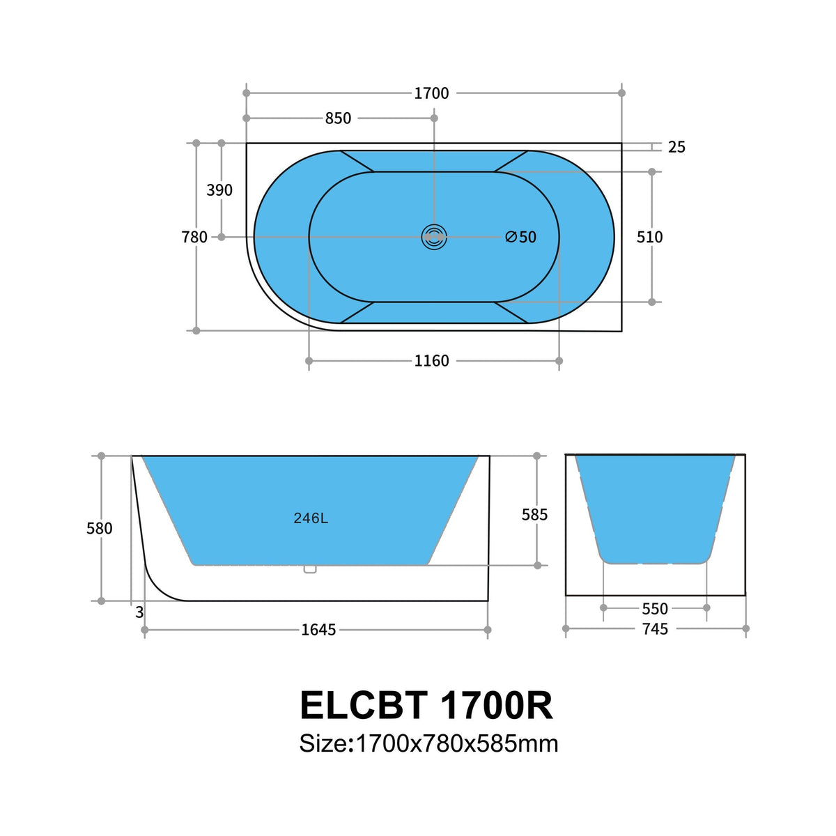 Elivia 1700mm Right Corner Acrylic Free Standing Bath Tub