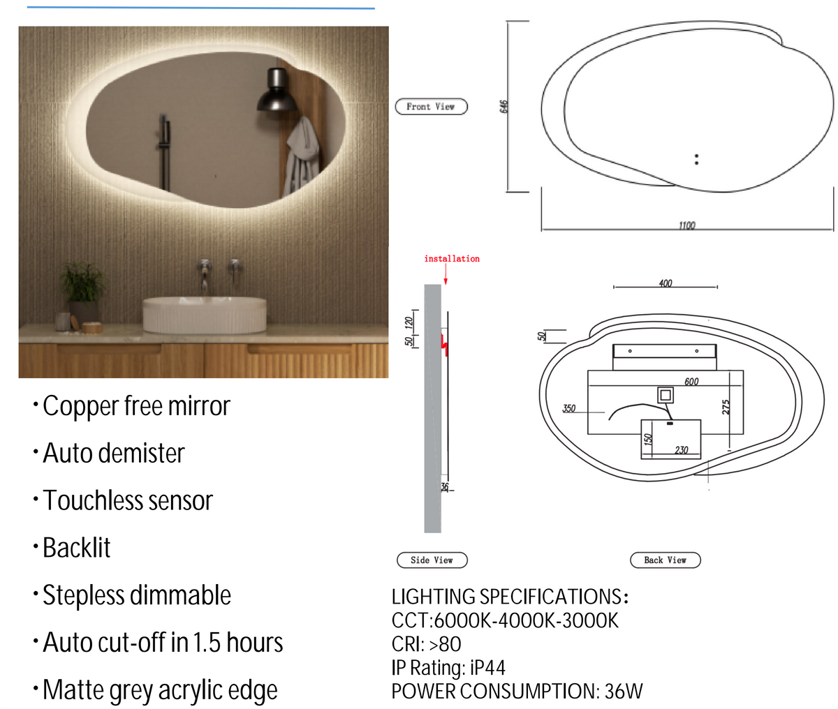 Evanston 1100mm Frameless With Frosted Frame Back Lit LED Mirror