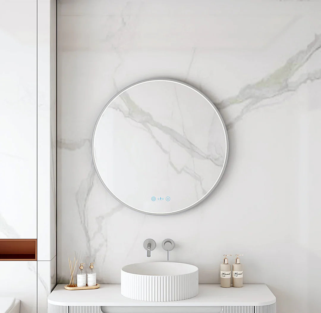 Maia 600/750/900mm LED Round Mirror – Brushed Nickel Frame