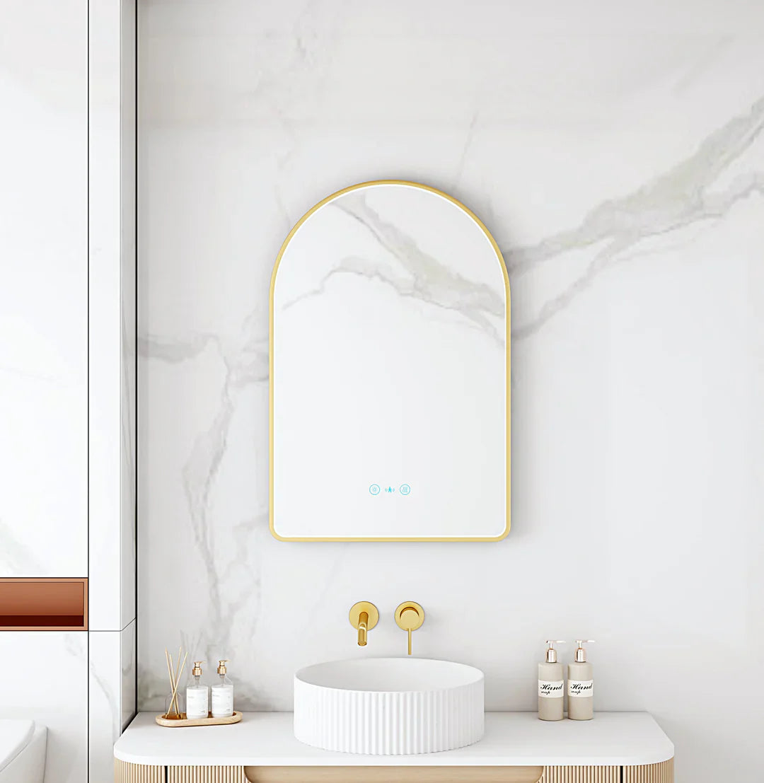 Maia 600×900mm LED Arch Mirror Brushed Gold Frame