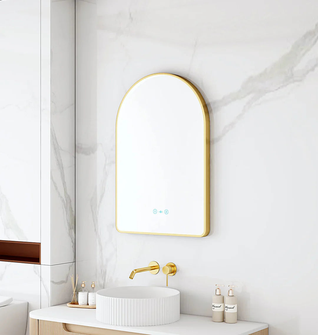Maia 600×900mm LED Arch Mirror Brushed Gold Frame