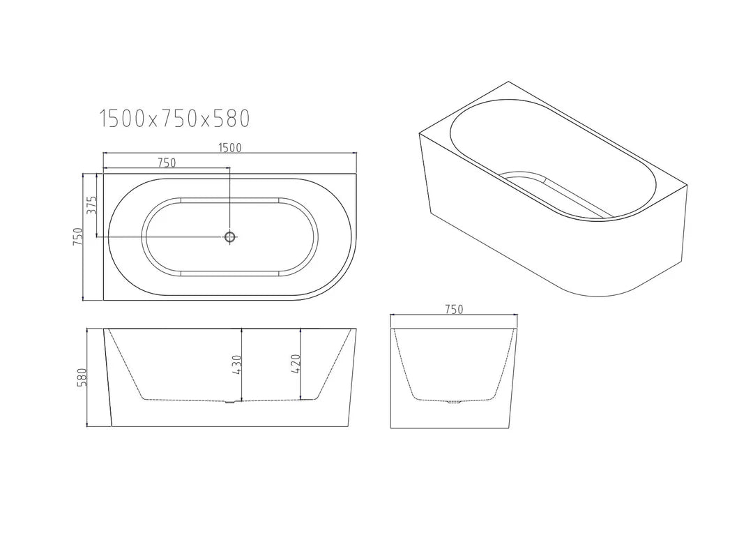 Nova 1500mm Ultra-Thin With Overflow Corner Bathtub – Gloss White