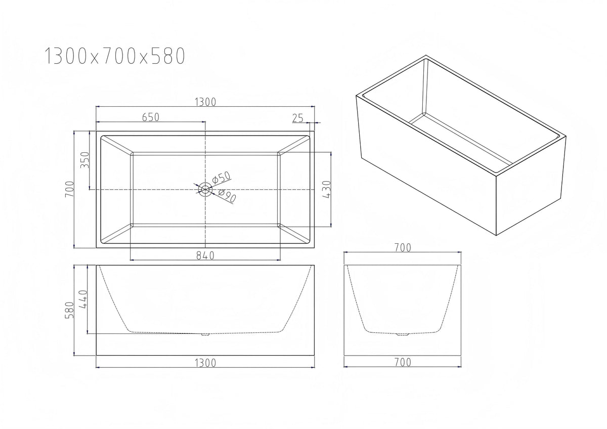 Mercio| 1300mm Multi-Fit Freestanding Gloss White Bathtub