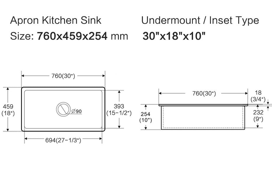 760mm Procida Fireclay Inset/Undermount Sink