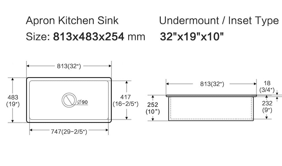 813mm Procida Fireclay Inset/Undermount Sink