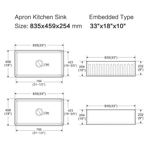 835mm Rocca Fine Fireclay Farm House Buttler Sink