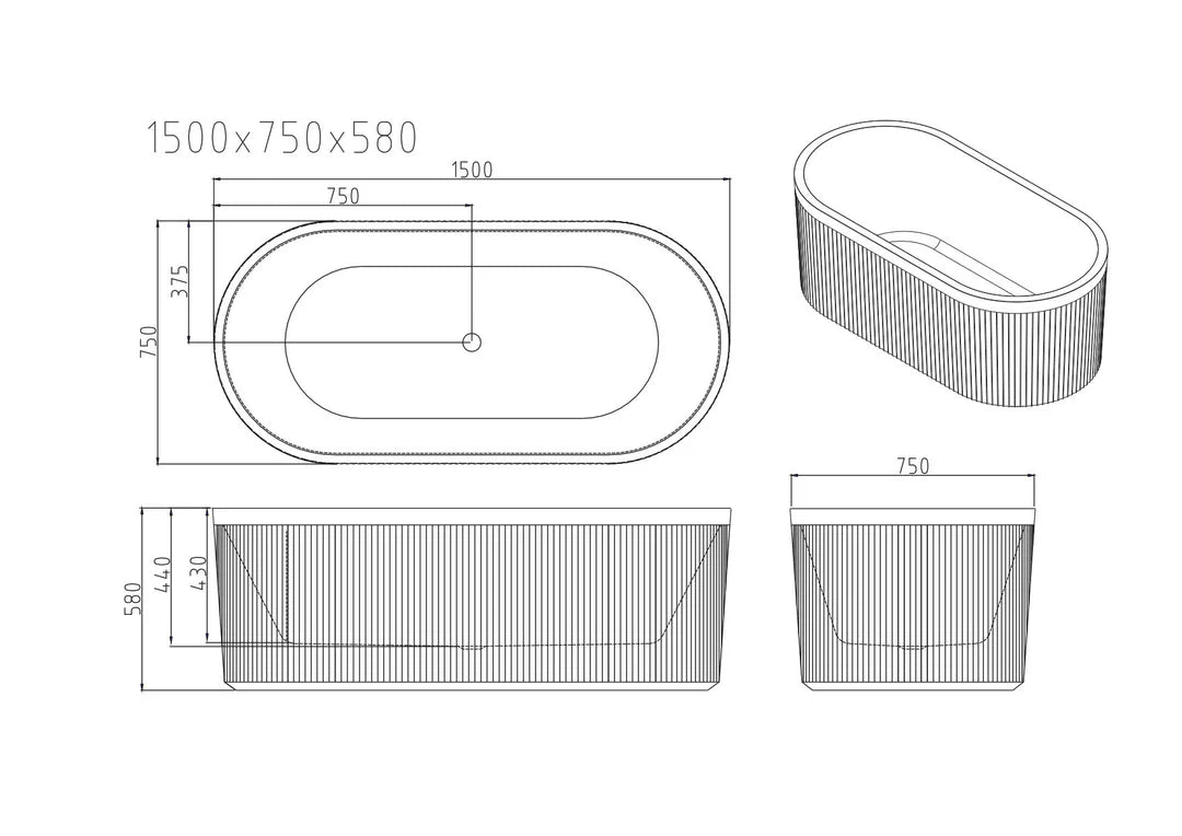 1500mm/1700mm Tyler Freestanding Fluted Bathtub – Gloss White