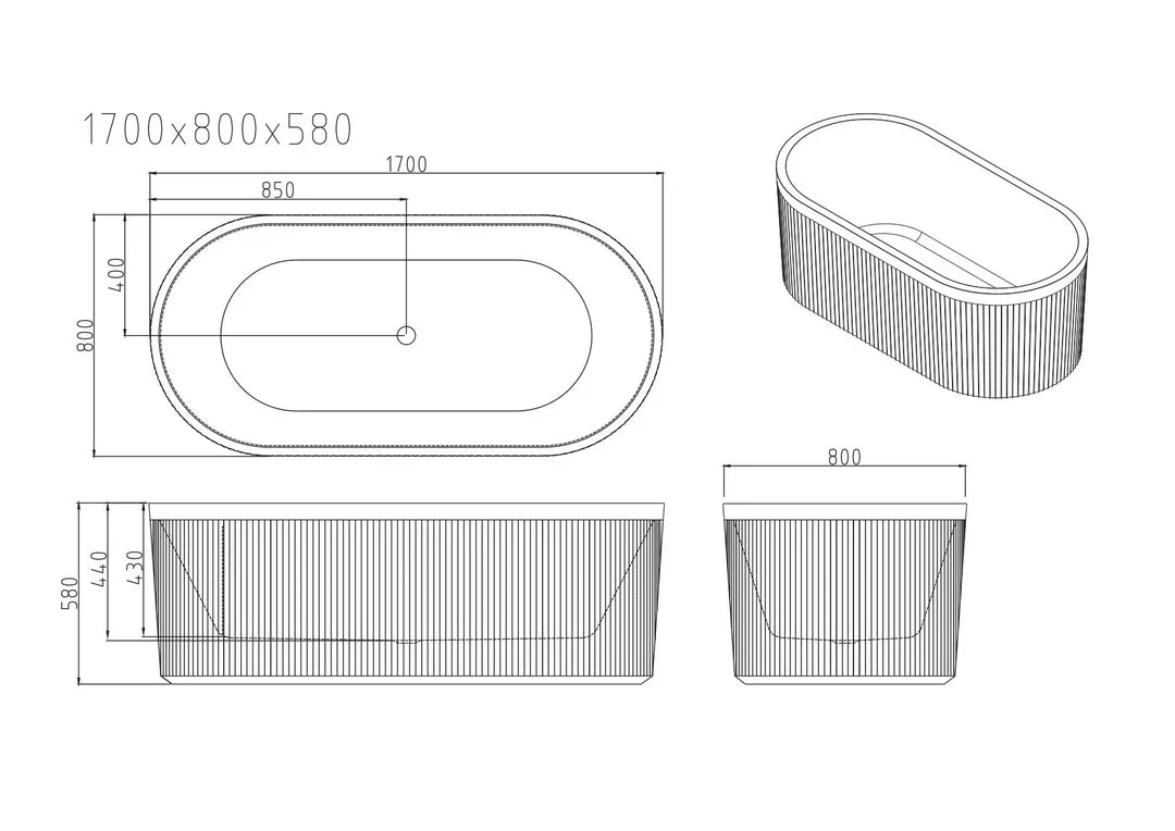 1500mm/1700mm Tyler Freestanding Fluted Bathtub – Gloss White