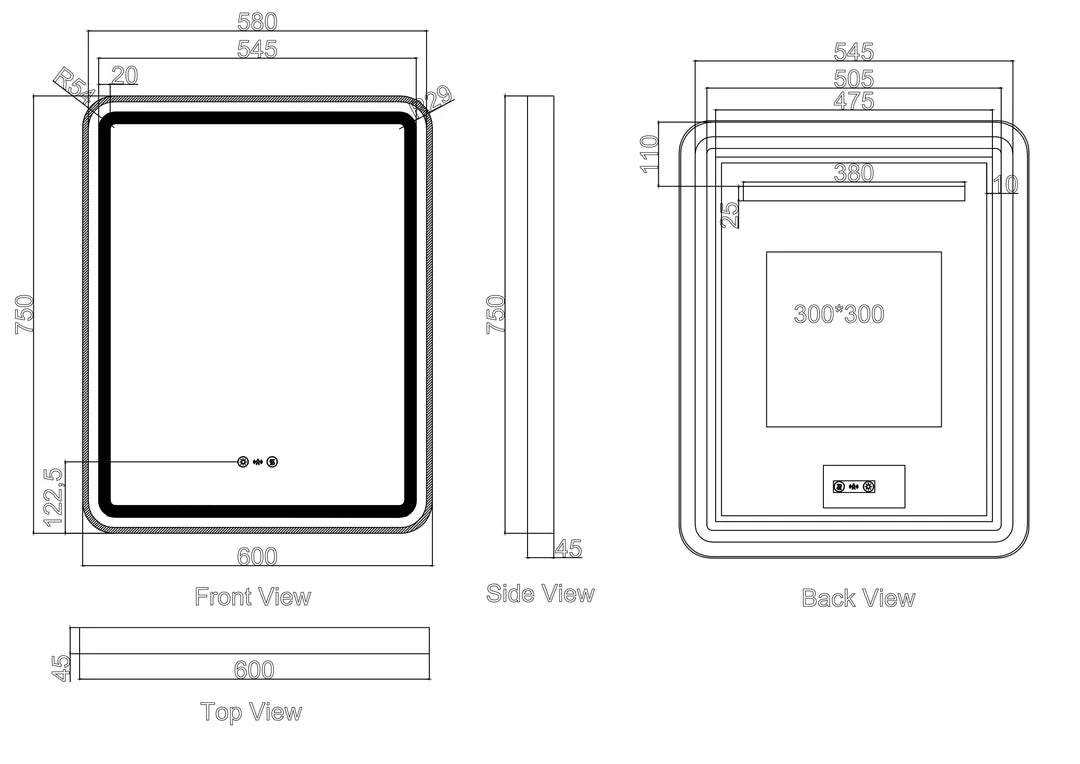Brsuhed Nickel Frame Venus 600mm / 750mm / 1200mm LED Rectangular Mirror