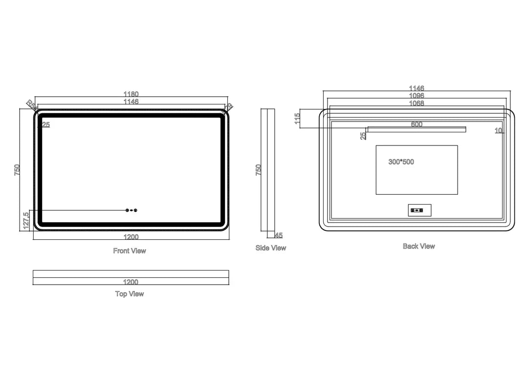Brsuhed Nickel Frame Venus 600mm / 750mm / 1200mm LED Rectangular Mirror