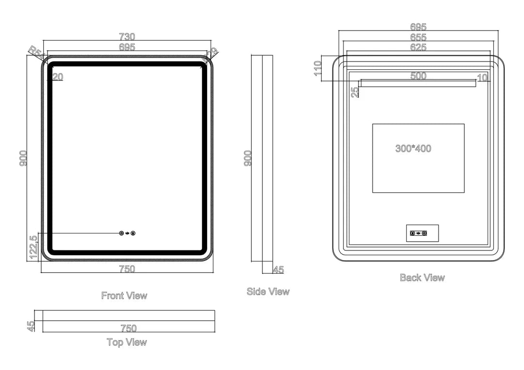 Brsuhed Nickel Frame Venus 600mm / 750mm / 1200mm LED Rectangular Mirror