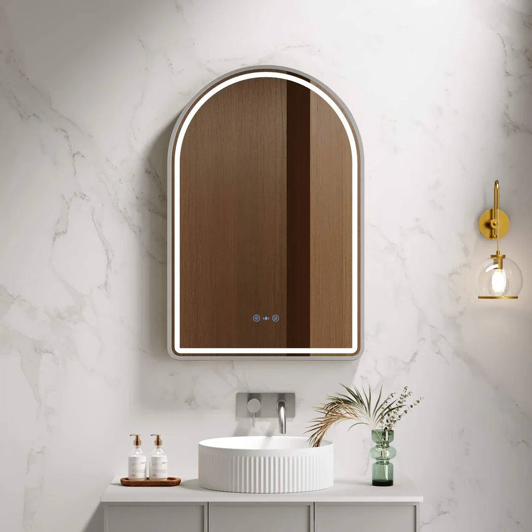 Venus Brsuhed Nickel Framed 600×900mm LED Arch Mirror