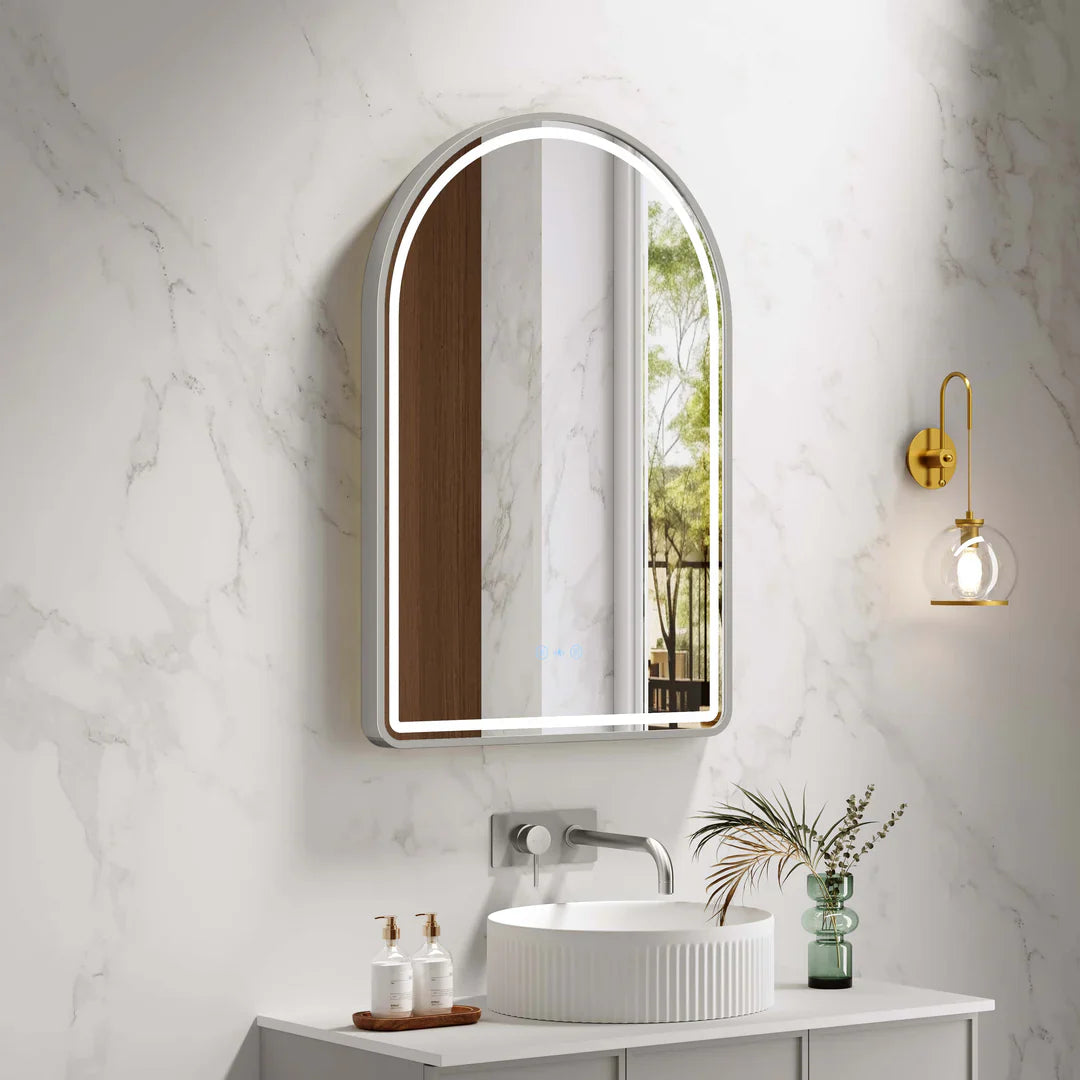 Venus Brsuhed Nickel Framed 600×900mm LED Arch Mirror